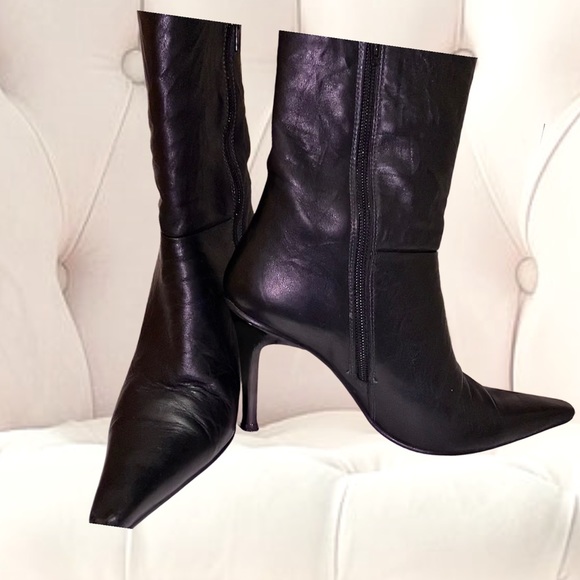 Genuine Leather Wrinkled Stiletto Booties - Picture 6 of 16